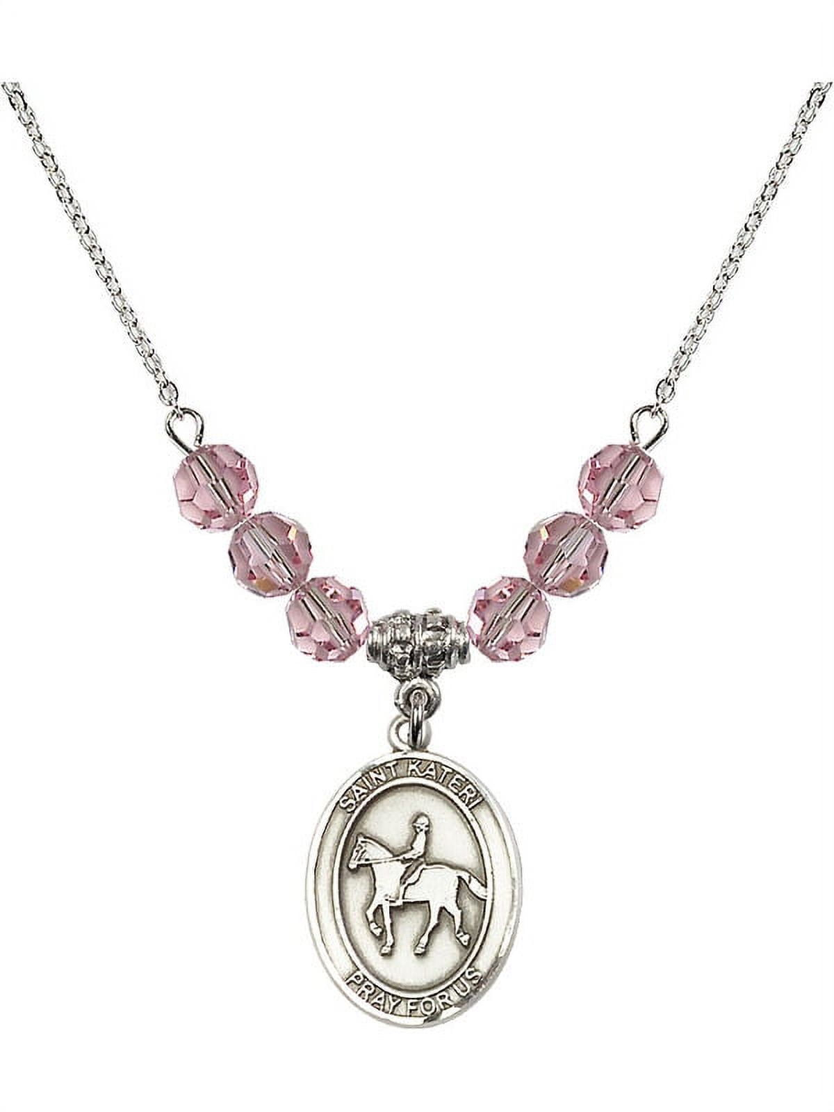 18-Inch Rhodium Plated Necklace with 6mm Light Rose Pink October Birth Month Stone Beads and Saint Kateri/Equestrian Charm