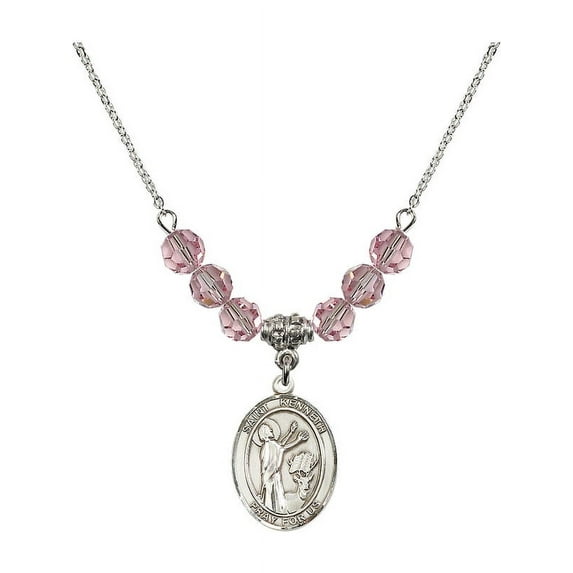 18-Inch Rhodium Plated Necklace with 6mm Light Rose Pink October Birth Month Stone Beads and Saint Kenneth Charm