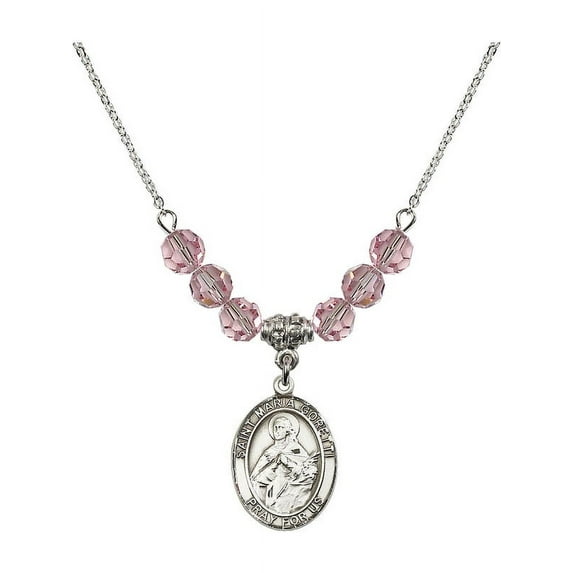 18-Inch Rhodium Plated Necklace with 6mm Light Rose Pink October Birth Month Stone Beads and Saint Maria Goretti Charm