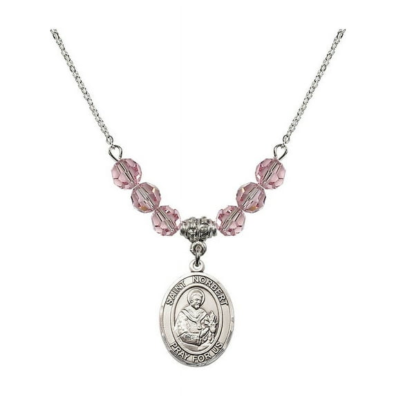 18-Inch Rhodium Plated Necklace with 6mm Light Rose Pink October Birth Month Stone Beads and Saint Norbert of Xanten Charm