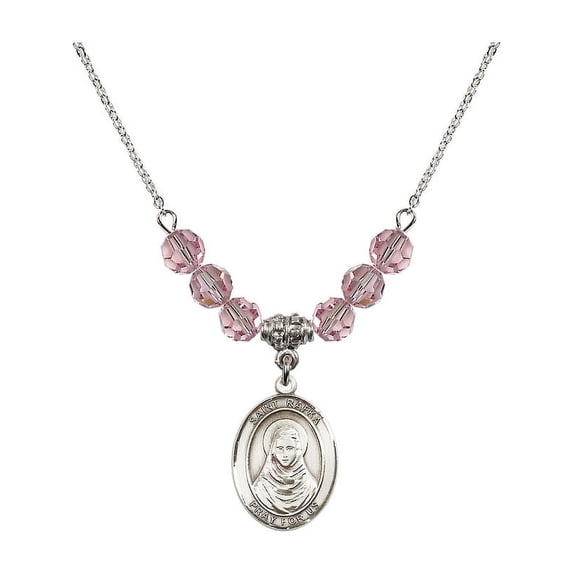 18-Inch Rhodium Plated Necklace with 6mm Light Rose Pink October Birth Month Stone Beads and Saint Rafka Charm