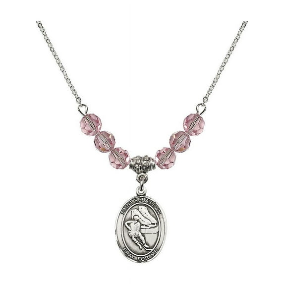 18-Inch Rhodium Plated Necklace with 6mm Light Rose Pink October Birth Month Stone Beads and Saint Sebastian / Hockey Charm