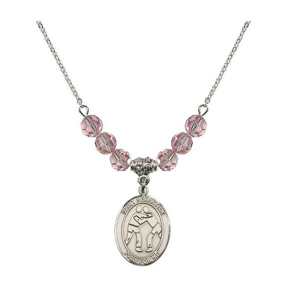 18-Inch Rhodium Plated Necklace with 6mm Light Rose Pink October Birth Month Stone Beads and Saint Sebastian/Wrestling Charm