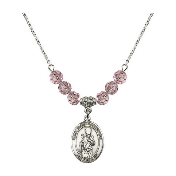 18-Inch Rhodium Plated Necklace with 6mm Light Rose Pink October Birth Month Stone Beads and Saint Simon the Apostle Charm
