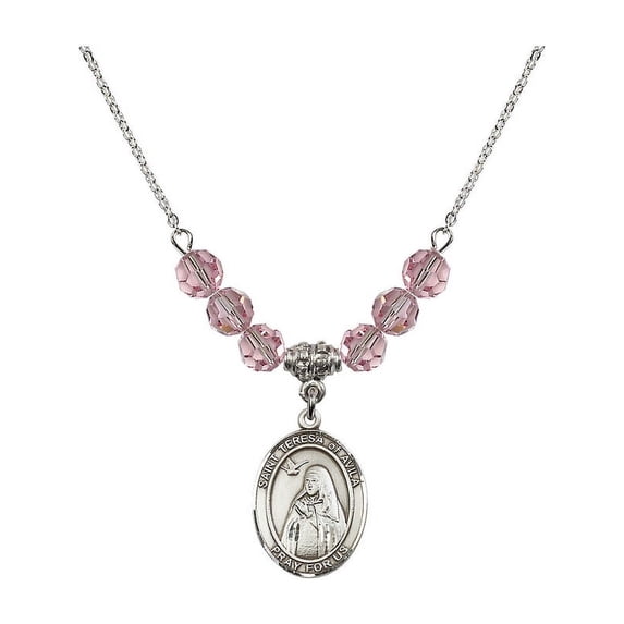 18-Inch Rhodium Plated Necklace with 6mm Light Rose Pink October Birth Month Stone Beads and Saint Teresa of Avila Charm