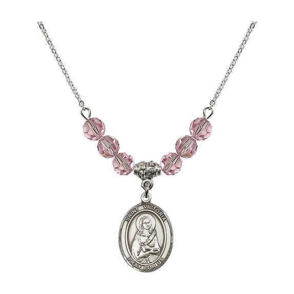 18-Inch Rhodium Plated Necklace with 6mm Light Rose Pink October Birth Month Stone Beads and Saint Victoria Charm