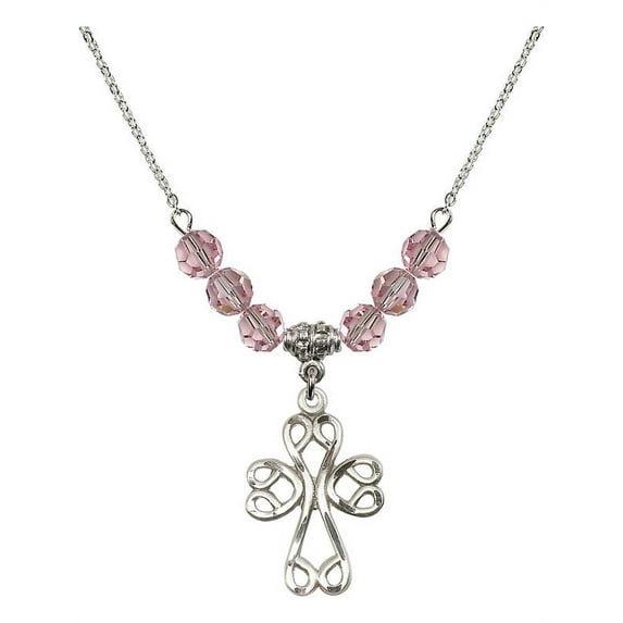 18-Inch Rhodium Plated Necklace with 6mm Light Rose Pink October Birth Month Stone Beads and Scroll Cross Charm