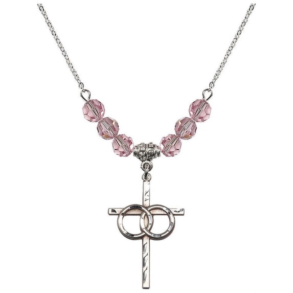 18-Inch Rhodium Plated Necklace with 6mm Light Rose Pink October Birth Month Stone Beads and Wedding Rings Cross Charm