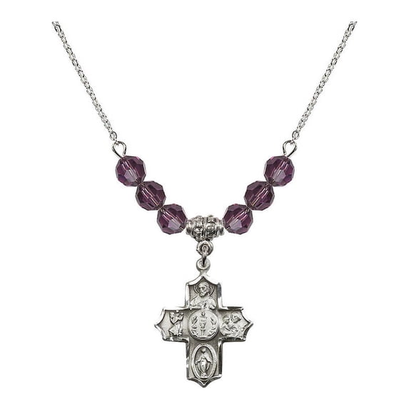 18-Inch Rhodium Plated Necklace with 6mm Purple February Birth Month Stone Beads and 4-Way Charm