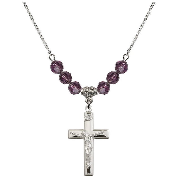 18-Inch Rhodium Plated Necklace with 6mm Purple February Birth Month Stone Beads and Crucifix Charm