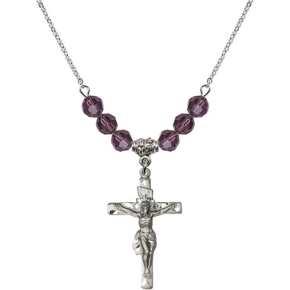 18-Inch Rhodium Plated Necklace with 6mm Purple February Birth Month Stone Beads and Crucifix Charm