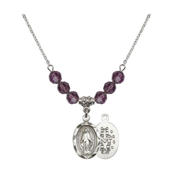 18-Inch Rhodium Plated Necklace with 6mm Purple February Birth Month Stone Beads and Miraculous Charm