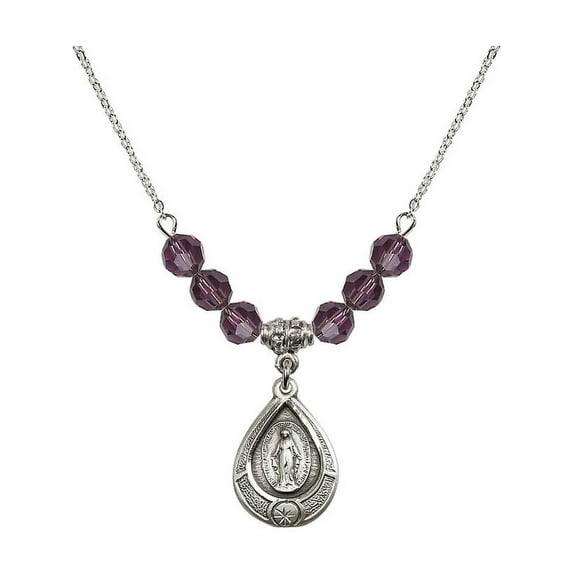 18-Inch Rhodium Plated Necklace with 6mm Purple February Birth Month Stone Beads and Miraculous Charm