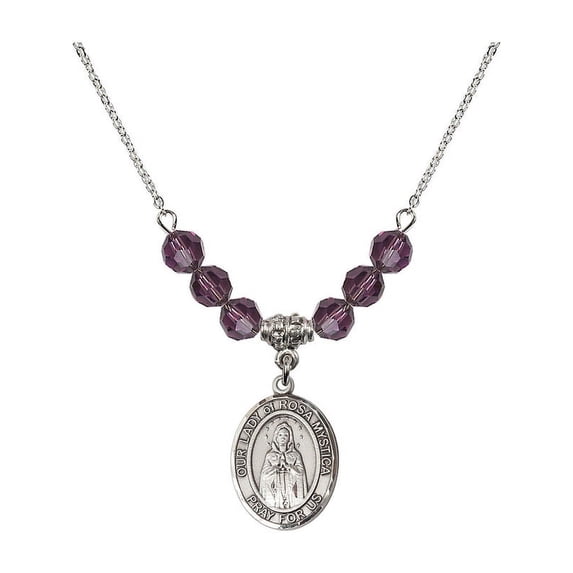 18-Inch Rhodium Plated Necklace with 6mm Purple February Birth Month Stone Beads and Our Lady of Rosa Mystica Charm