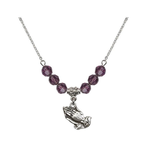 18-Inch Rhodium Plated Necklace with 6mm Purple February Birth Month Stone Beads and Praying Hands Charm