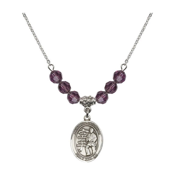 18-Inch Rhodium Plated Necklace with 6mm Purple February Birth Month Stone Beads and Saint Christopher / Karate Charm