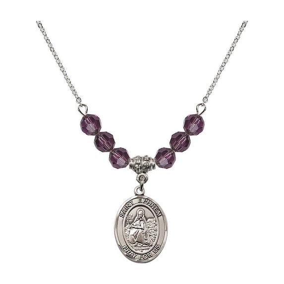 18-Inch Rhodium Plated Necklace with 6mm Purple February Birth Month Stone Beads and Saint Ephrem Charm