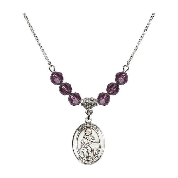 18-Inch Rhodium Plated Necklace with 6mm Purple February Birth Month Stone Beads and Saint Giles Charm