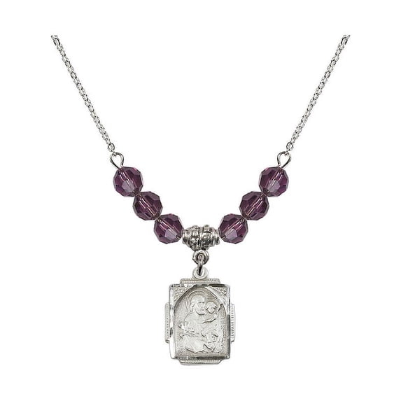 18-Inch Rhodium Plated Necklace with 6mm Purple February Birth Month Stone Beads and Saint Joseph Charm