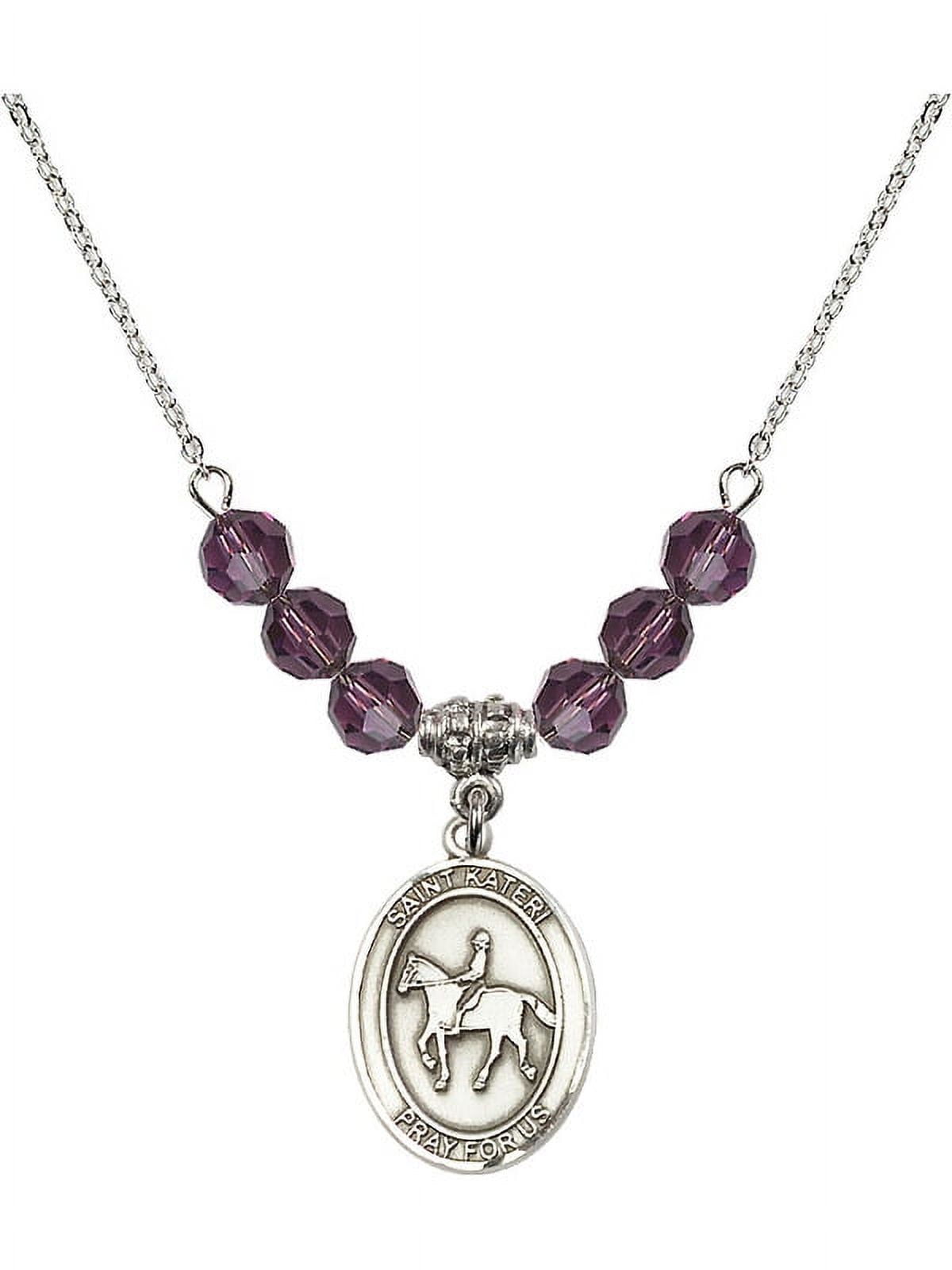 18-Inch Rhodium Plated Necklace with 6mm Purple February Birth Month Stone Beads and Saint Kateri/Equestrian Charm