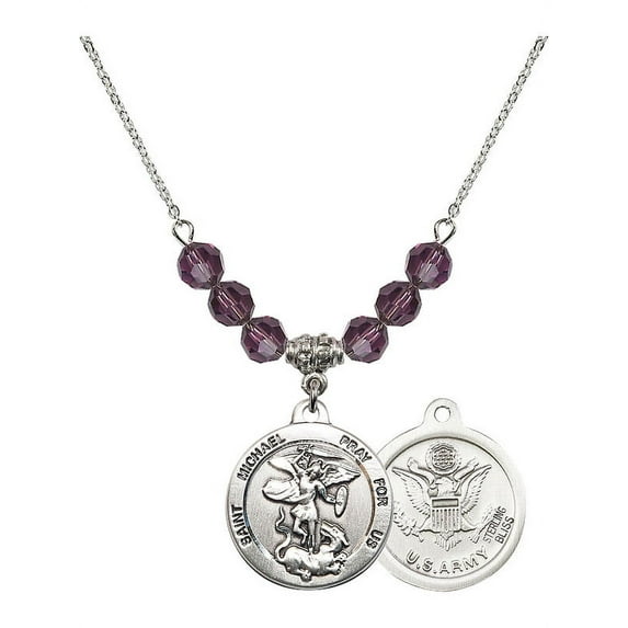 18-Inch Rhodium Plated Necklace with 6mm Purple February Birth Month Stone Beads and Saint Michael / Army Charm