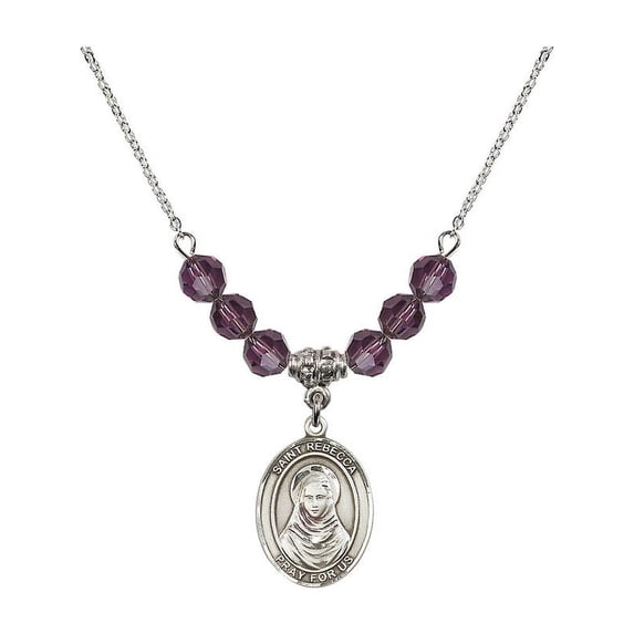 18-Inch Rhodium Plated Necklace with 6mm Purple February Birth Month Stone Beads and Saint Rebecca Charm