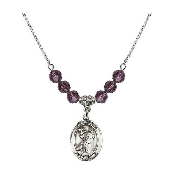 18-Inch Rhodium Plated Necklace with 6mm Purple February Birth Month Stone Beads and Saint Rocco Charm