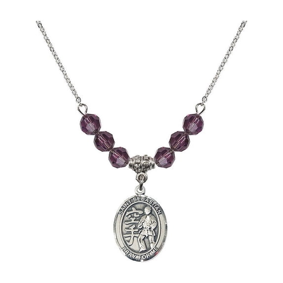 18-Inch Rhodium Plated Necklace with 6mm Purple February Birth Month Stone Beads and Saint Sebastian/Karate Charm