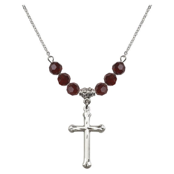 18-Inch Rhodium Plated Necklace with 6mm Red January Birth Month Stone Beads and Cross Charm