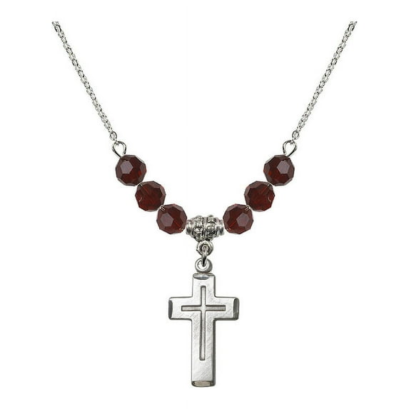 18-Inch Rhodium Plated Necklace with 6mm Red January Birth Month Stone Beads and Cross Charm