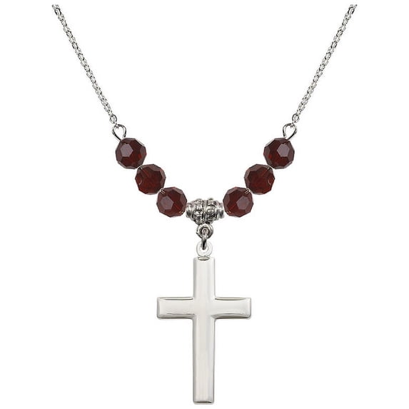 18-Inch Rhodium Plated Necklace with 6mm Red January Birth Month Stone Beads and Cross Charm