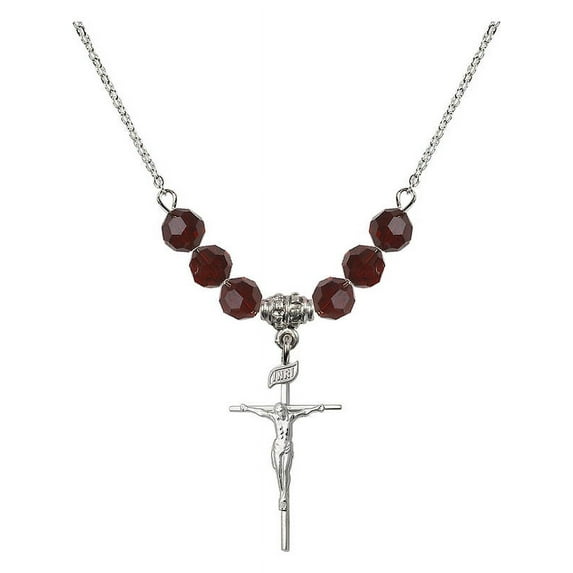 18-Inch Rhodium Plated Necklace with 6mm Red January Birth Month Stone Beads and Crucifix Charm