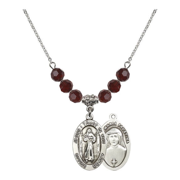 18-Inch Rhodium Plated Necklace with 6mm Red January Birth Month Stone Beads and Divine Mercy Charm