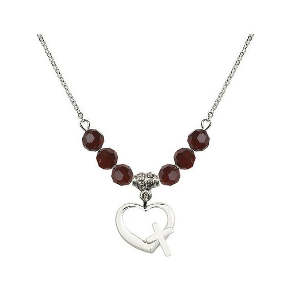 18-Inch Rhodium Plated Necklace with 6mm Red January Birth Month Stone Beads and Heart / Cross Charm