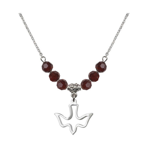 18-Inch Rhodium Plated Necklace with 6mm Red January Birth Month Stone Beads and Holy Spirit Charm
