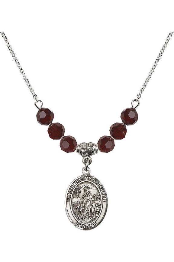 18-Inch Rhodium Plated Necklace with 6mm Red January Birth Month Stone Beads and Lord Is My Shepherd Charm