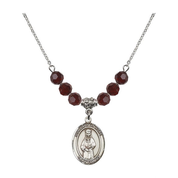 18-Inch Rhodium Plated Necklace with 6mm Red January Birth Month Stone Beads and Our Lady of Hope Charm