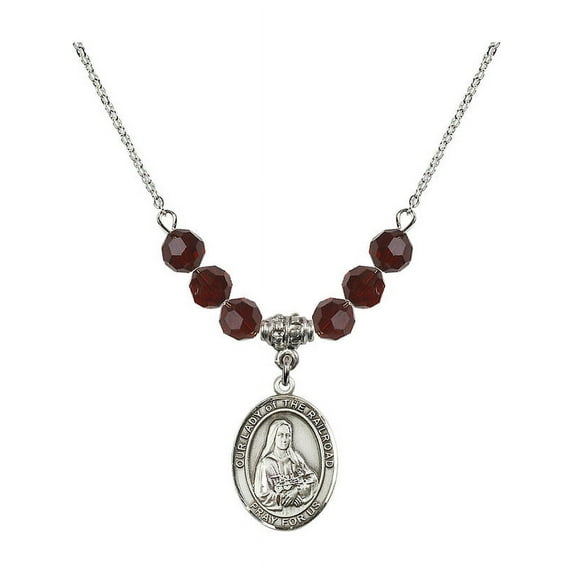 18-Inch Rhodium Plated Necklace with 6mm Red January Birth Month Stone Beads and Our Lady of the Railroad Charm
