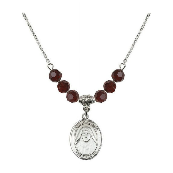 18-Inch Rhodium Plated Necklace with 6mm Red January Birth Month Stone Beads and Saint Alphonsa of India Charm