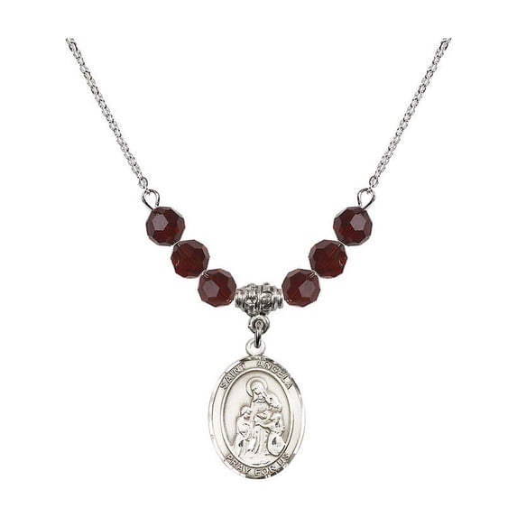 18-Inch Rhodium Plated Necklace with 6mm Red January Birth Month Stone Beads and Saint Angela Merici Charm