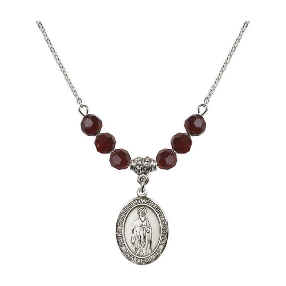 18-Inch Rhodium Plated Necklace with 6mm Red January Birth Month Stone Beads and Saint Bartholomew the Apostle Charm