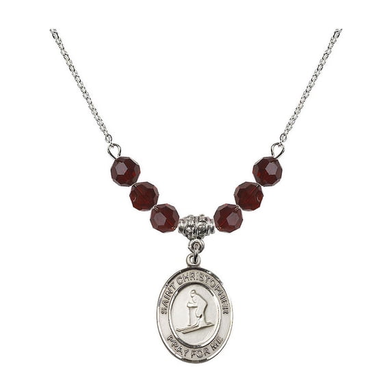 18-Inch Rhodium Plated Necklace with 6mm Red January Birth Month Stone Beads and Saint Christopher / Skiing Charm