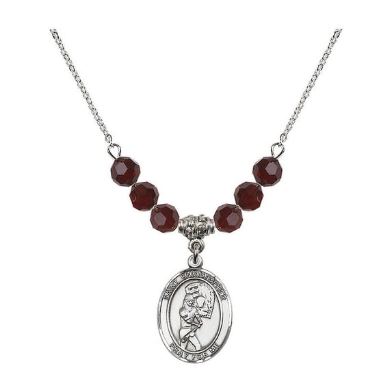 18-Inch Rhodium Plated Necklace with 6mm Red January Birth Month Stone Beads and Saint Christopher/Softball Charm