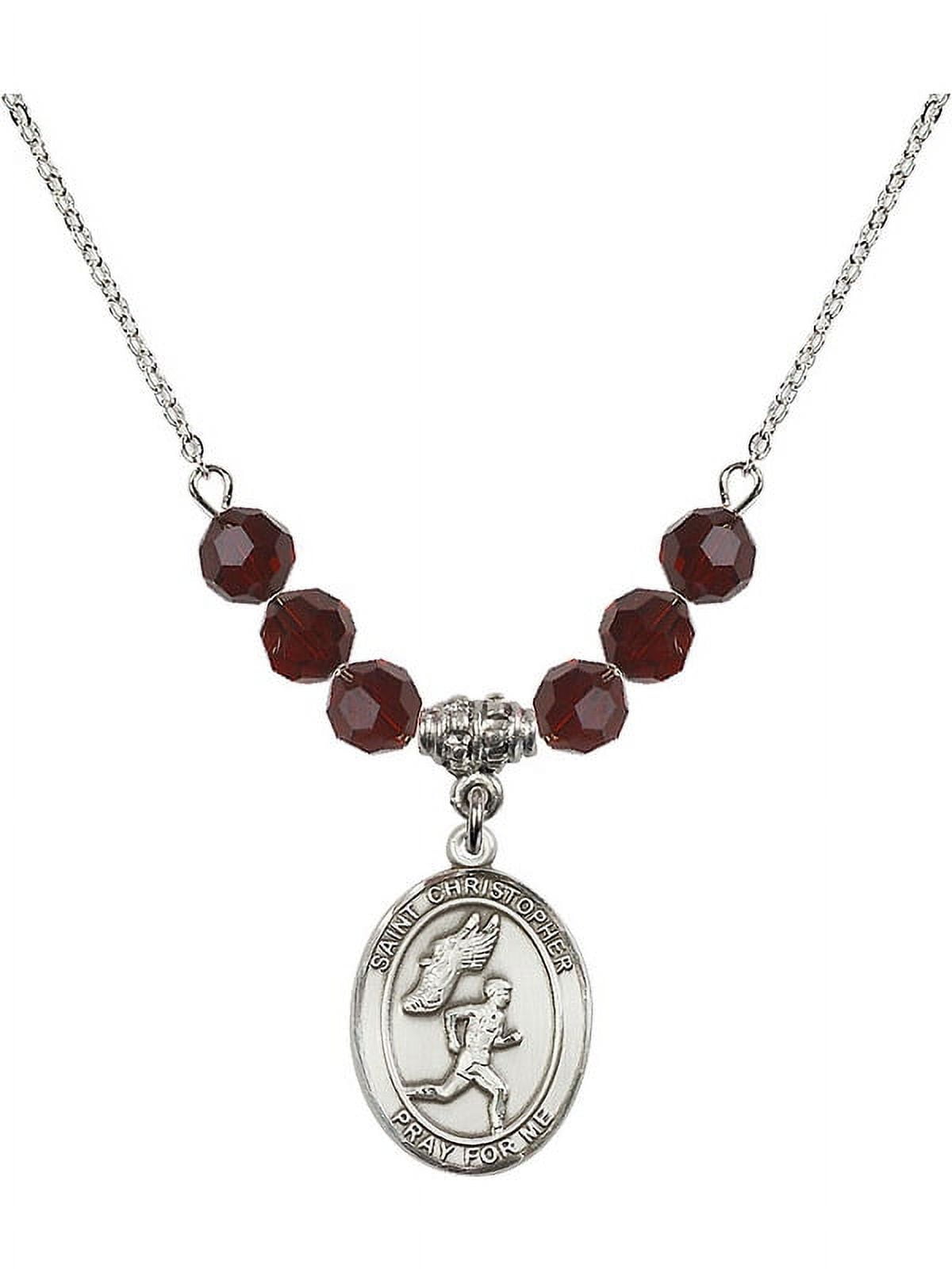 18-Inch Rhodium Plated Necklace with 6mm Red January Birth Month Stone Beads and Saint Christopher/Track&Field-Men Charm