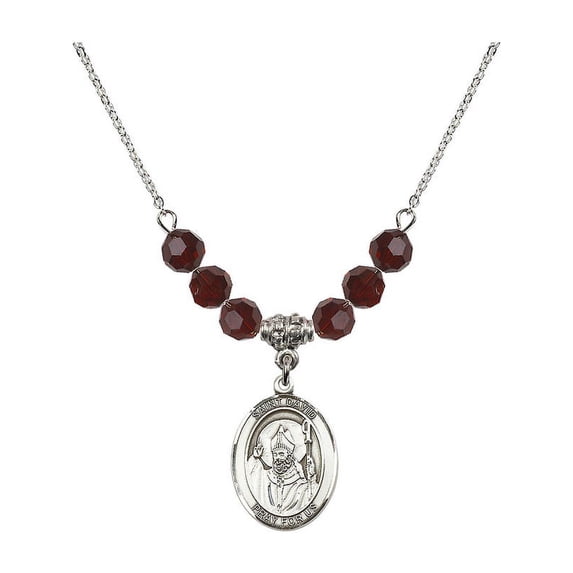 18-Inch Rhodium Plated Necklace with 6mm Red January Birth Month Stone Beads and Saint David of Wales Charm