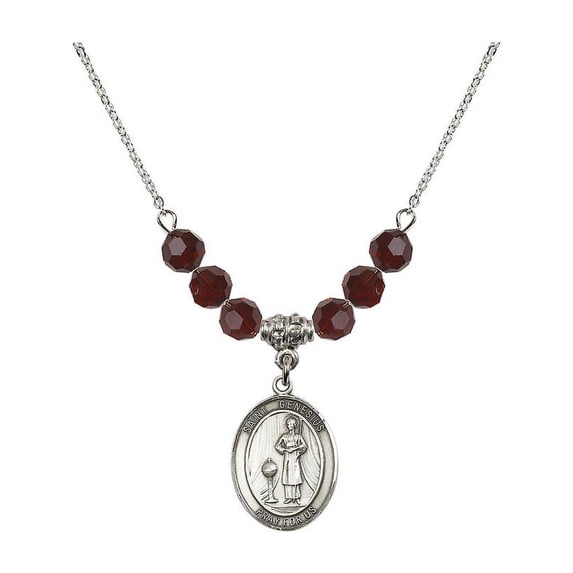 18-Inch Rhodium Plated Necklace with 6mm Red January Birth Month Stone Beads and Saint Genesius of Rome Charm