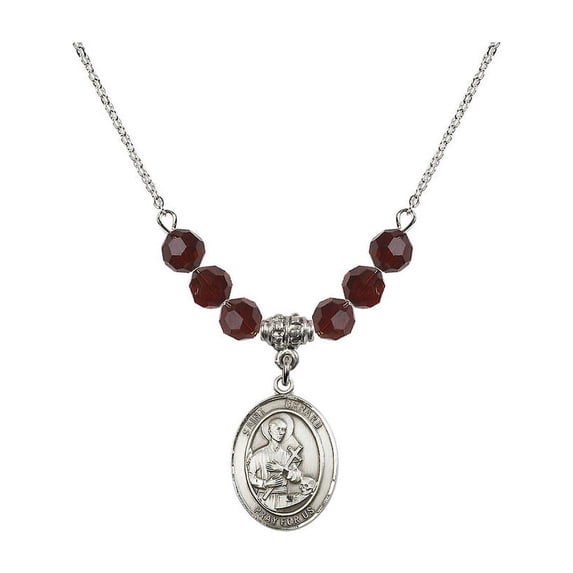 18-Inch Rhodium Plated Necklace with 6mm Red January Birth Month Stone Beads and Saint Gerard Majella Charm