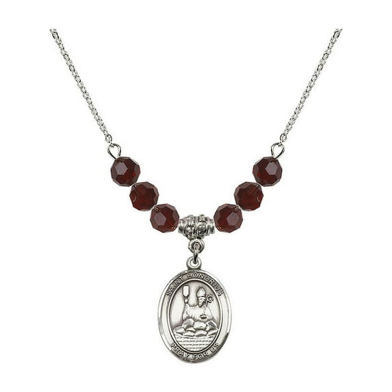 18-Inch Rhodium Plated Necklace with 6mm Red January Birth Month Stone Beads and Saint Honorius of Amiens Charm