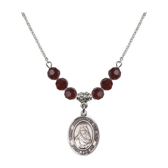 18-Inch Rhodium Plated Necklace with 6mm Red January Birth Month Stone Beads and Saint Jadwiga of Poland Charm