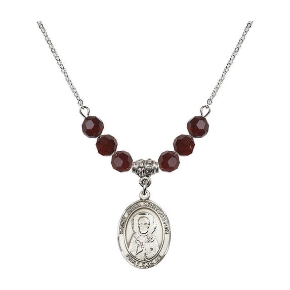 18-Inch Rhodium Plated Necklace with 6mm Red January Birth Month Stone Beads and Saint John Chrysostom Charm